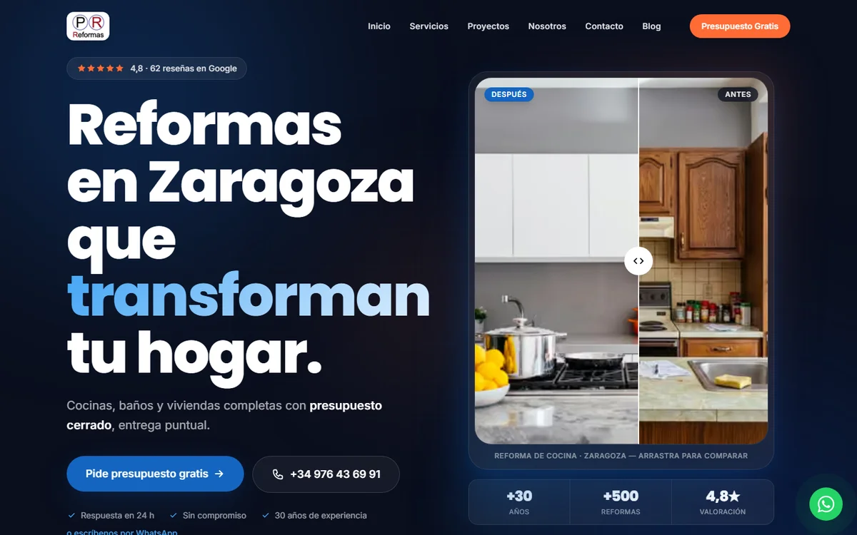 Página principal de PR Reformas, desarrollada por Skyaweb
